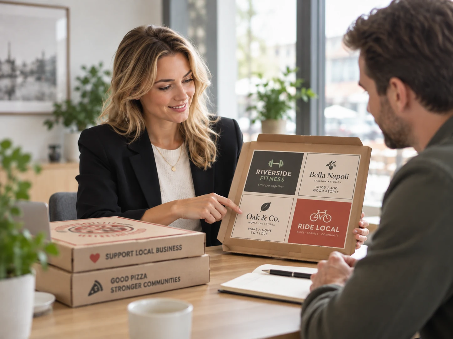 Yrkesperson som presenterar annonsering på pizzakartonger
