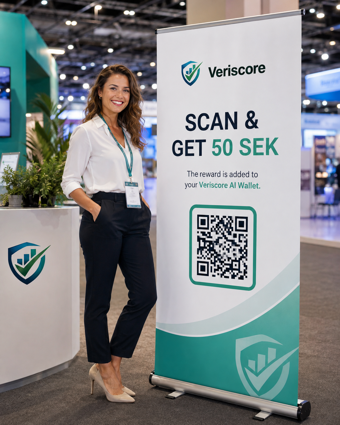 Example of a woman at an exhibition beside a roll-up with a Veriscore promotion QR code